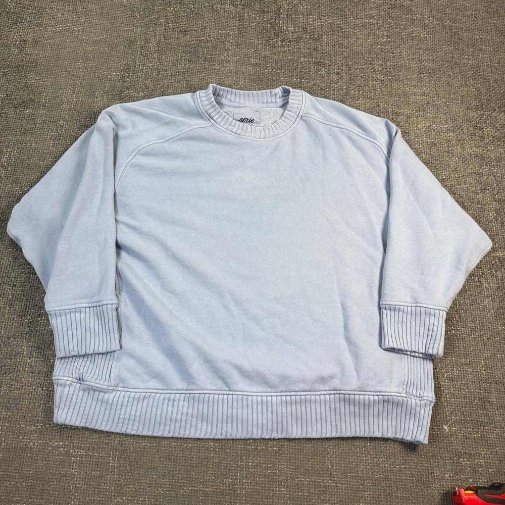 Aerie Oversized Crewneck Sweatshirt Womens L Light Blue Ribbed Raglan Slouchy